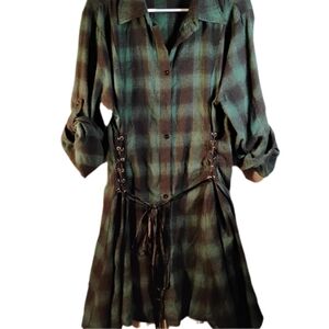 Elegant Green and Brown Plaid Long Sleeve Dress